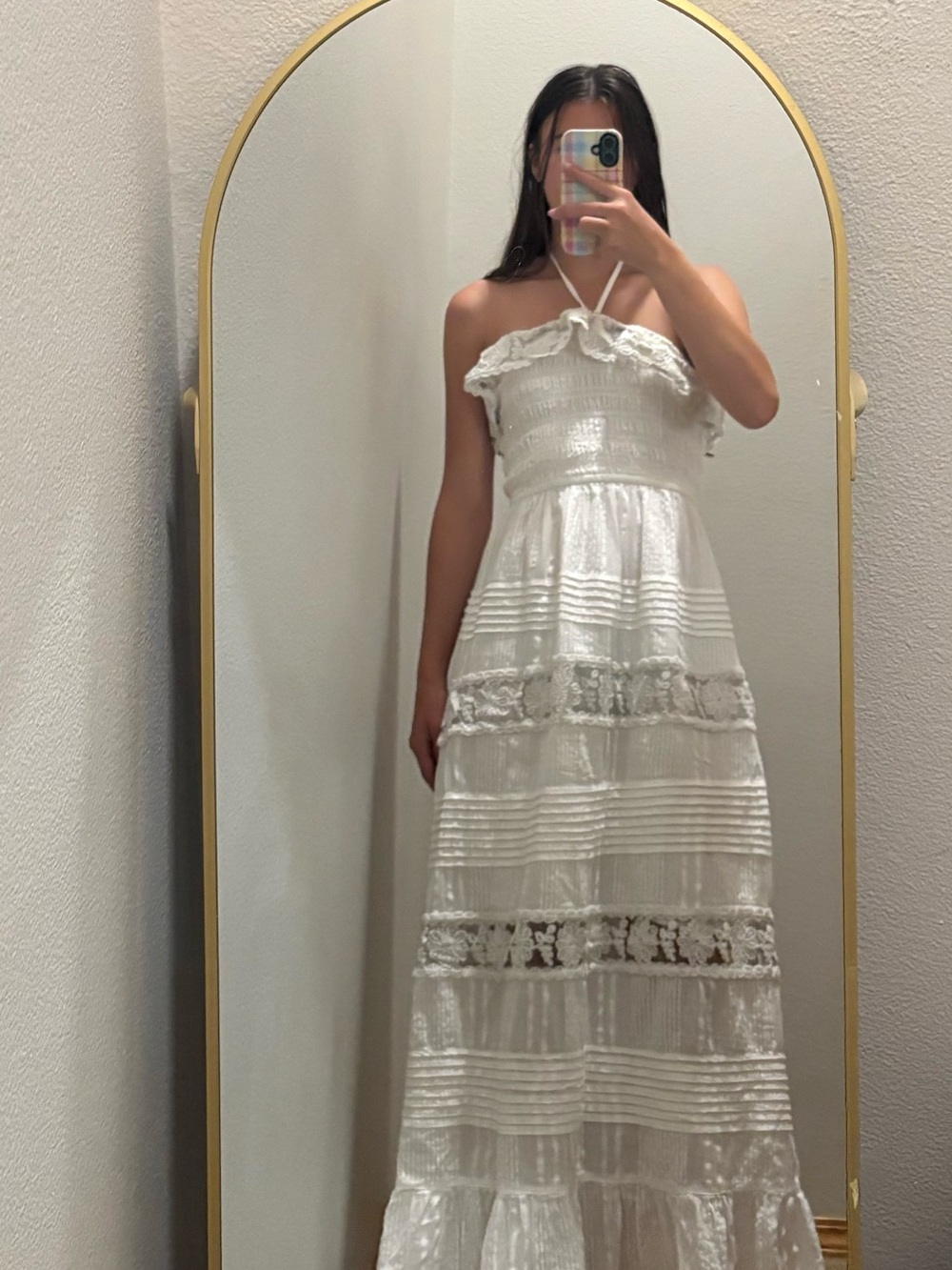 Women's White Lace Trim Halter Maxi Dress